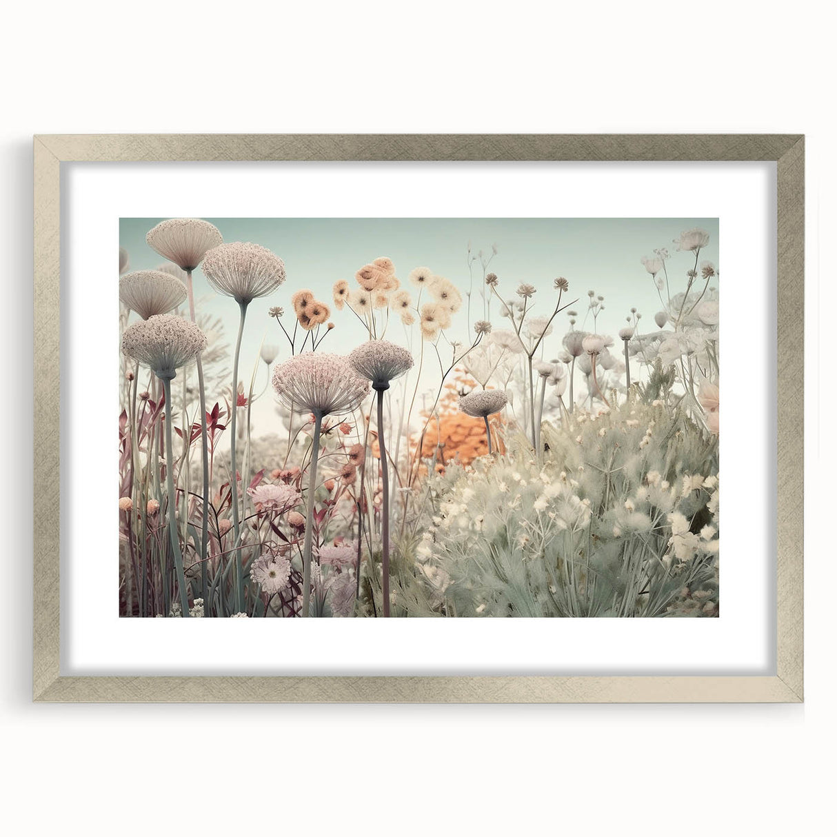 Abstract floral wall art framed in silver with a white mat, showcasing vibrant colors and intricate patterns, ideal for modern home decor.