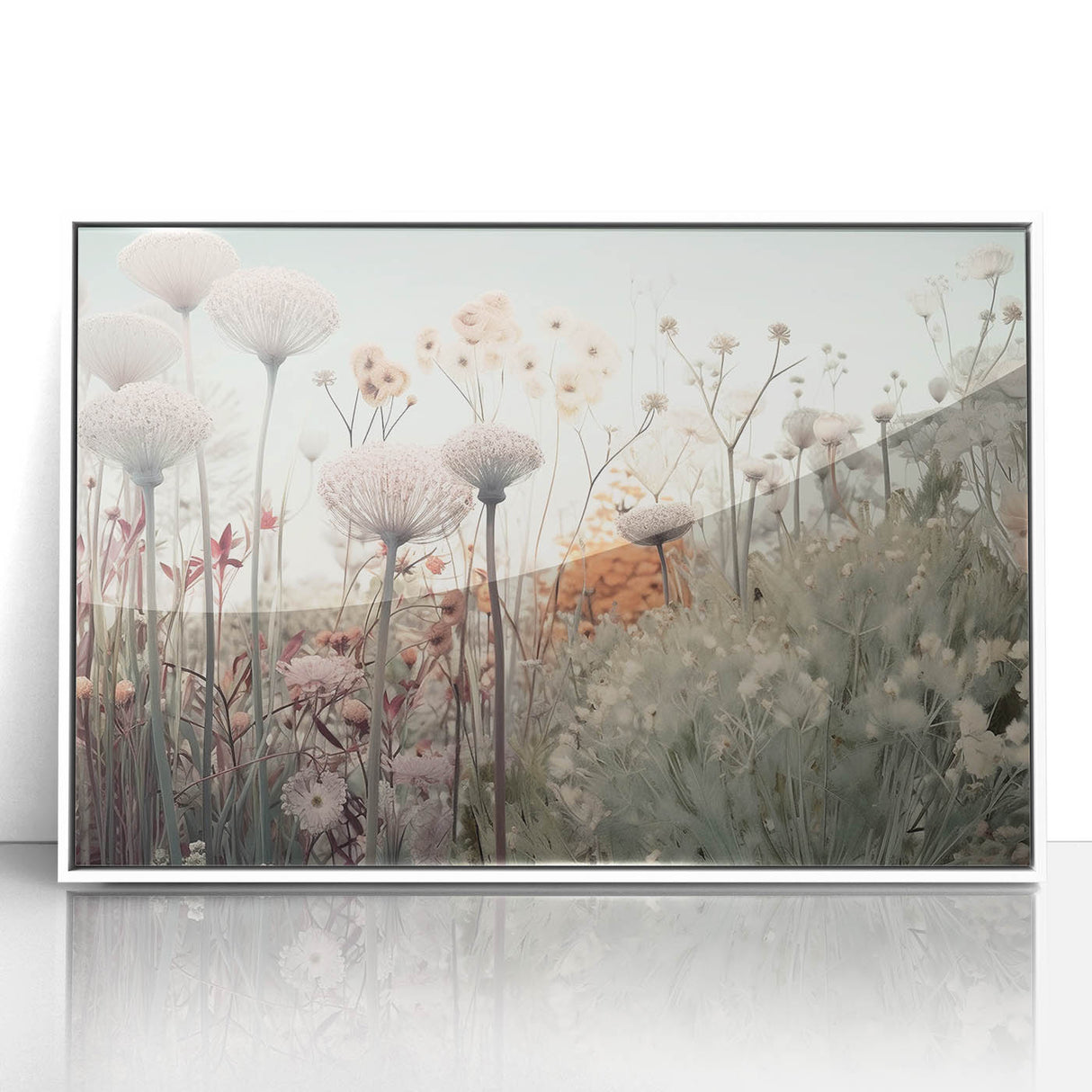 Framed acrylic wall art featuring vibrant abstract floral designs in shades of pink, blue, and green against a white background, ideal for modern home decor.