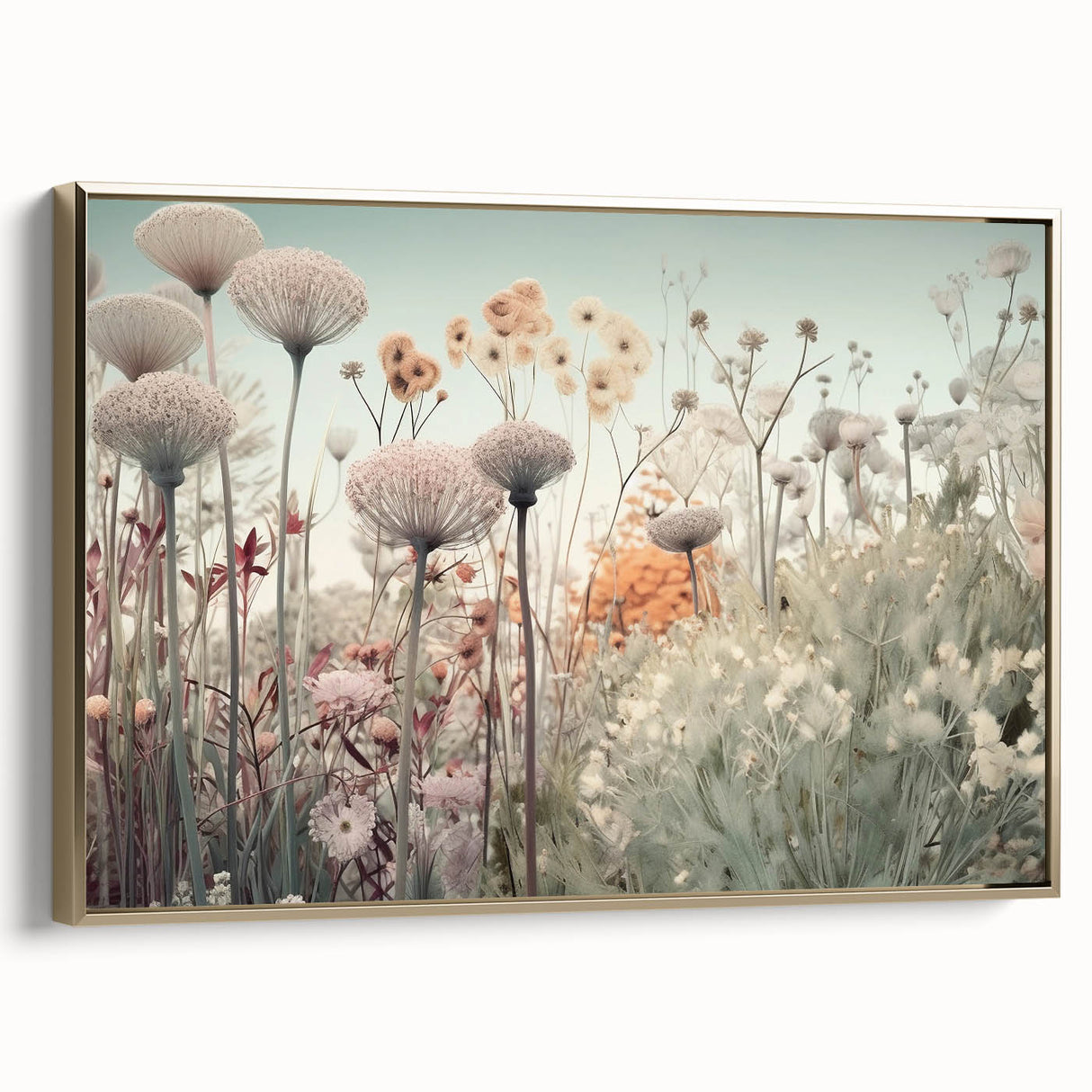 Framed canvas wall art showcasing abstract floral designs in vibrant colors with a gold frame, adding elegance to modern decor. Ideal for living rooms or art enthusiasts.