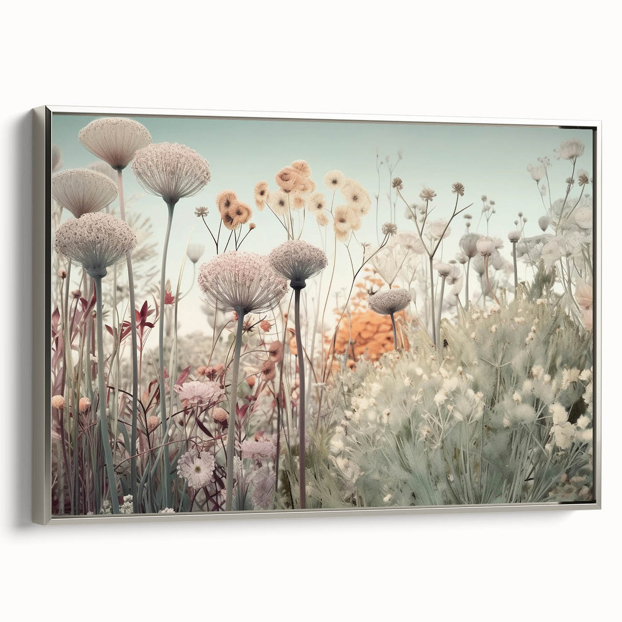 Framed abstract floral wall art in elegant silver frame, showcasing vibrant colors and intricate designs, perfect for modern home decor or office styling.