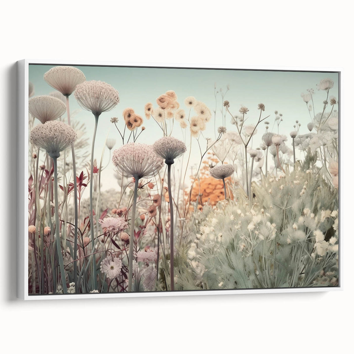 Framed abstract floral wall art in a white frame, showcasing vibrant colors and intricate designs, perfect for modern home decor and interior styling.