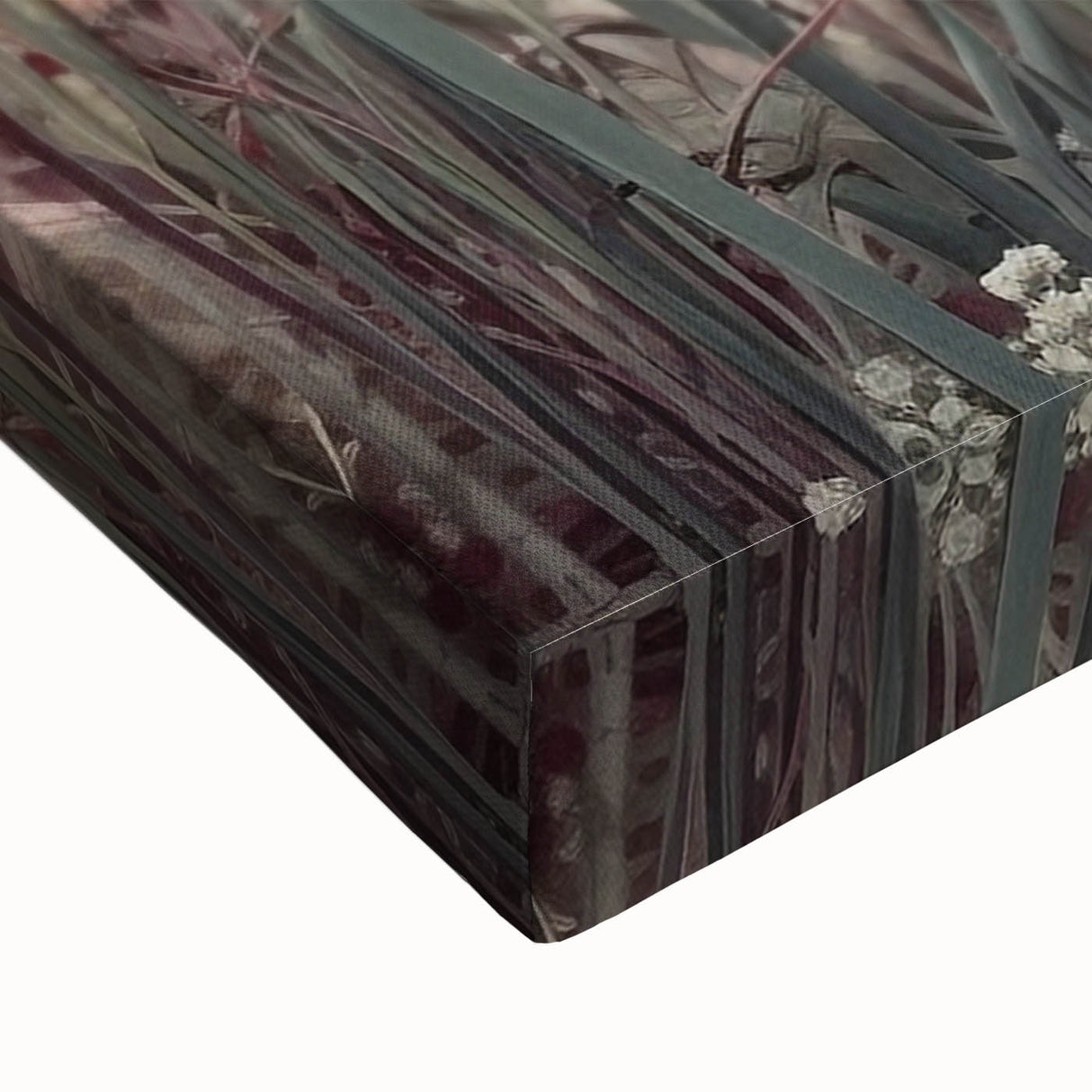 Close-up of vibrant abstract floral wall art on stretched canvas, showcasing intricate brush strokes and a rich color palette of blues, pinks, and greens. Ideal for modern home decor, this artwork adds a touch of elegance and creativity to any space.