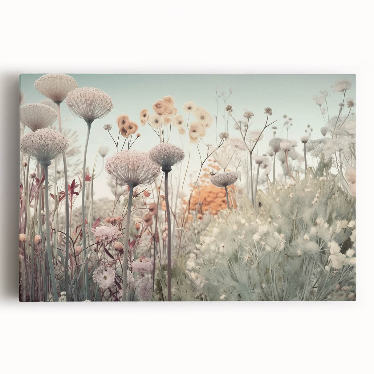 Vibrant abstract floral wall art on stretched canvas, showcasing colorful blooms against a soft background, perfect for enhancing modern home decor.