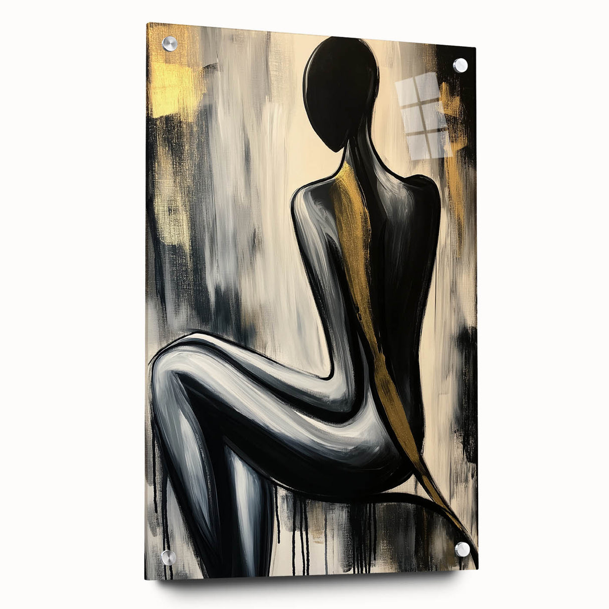 Abstract figurative acrylic artwork displayed in a modern glass frame, showcasing vibrant colors and dynamic shapes, perfect for contemporary home decor.