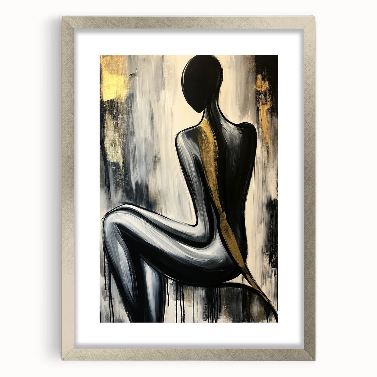 Abstract figurative frame with a silver mat, showcasing a contemporary design ideal for modern decor, enhancing walls with elegance and sophistication.