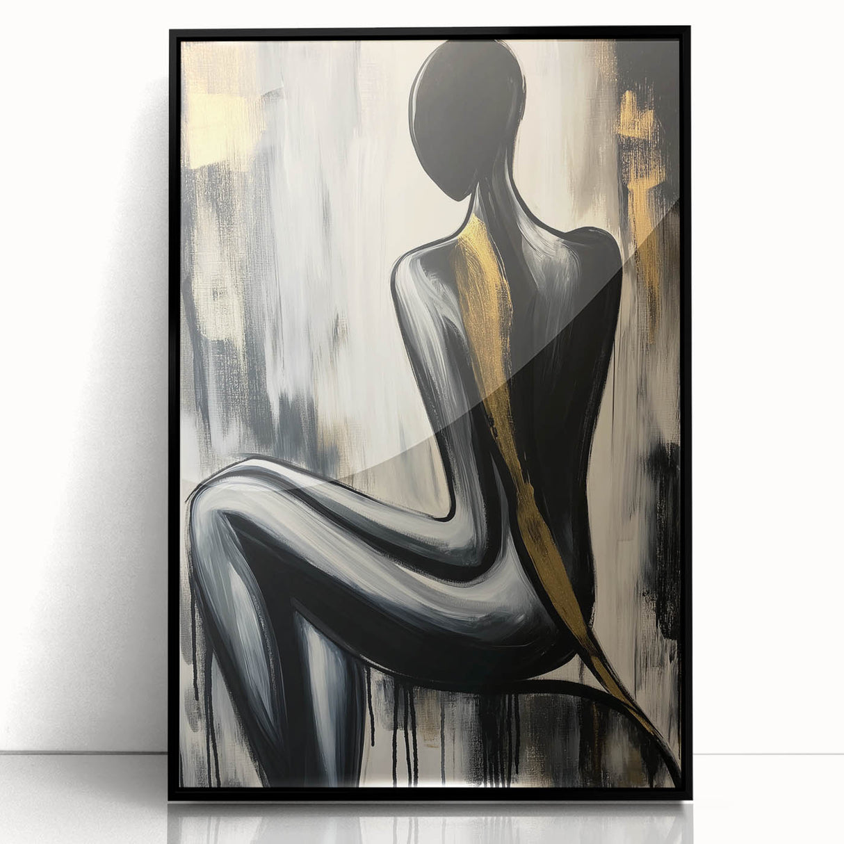 Abstract figurative wall art in a sleek black frame, showcasing vibrant colors and dynamic shapes, perfect for modern home decor and artistic expression.