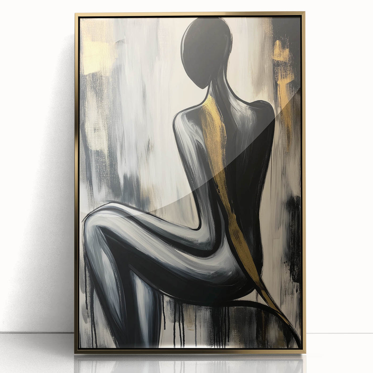 Framed abstract figurative acrylic artwork in gold tones, showcasing dynamic shapes and textures, perfect for modern home decor or office spaces.