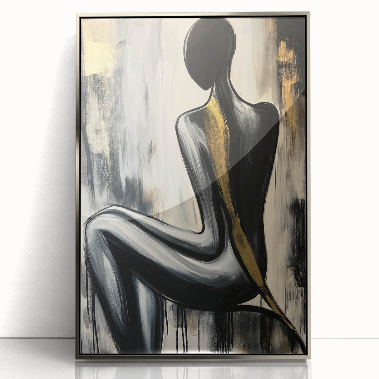 Framed abstract figurative art piece with a silver frame, showcasing vibrant colors and dynamic shapes, perfect for modern decor and artistic expression.