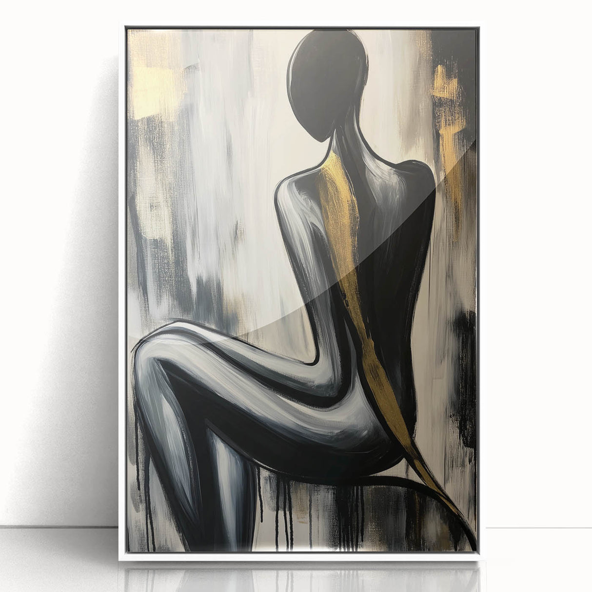 Abstract figurative artwork framed in white acrylic, showcasing vibrant colors and dynamic shapes, perfect for modern home decor. Ideal for enhancing contemporary interiors.