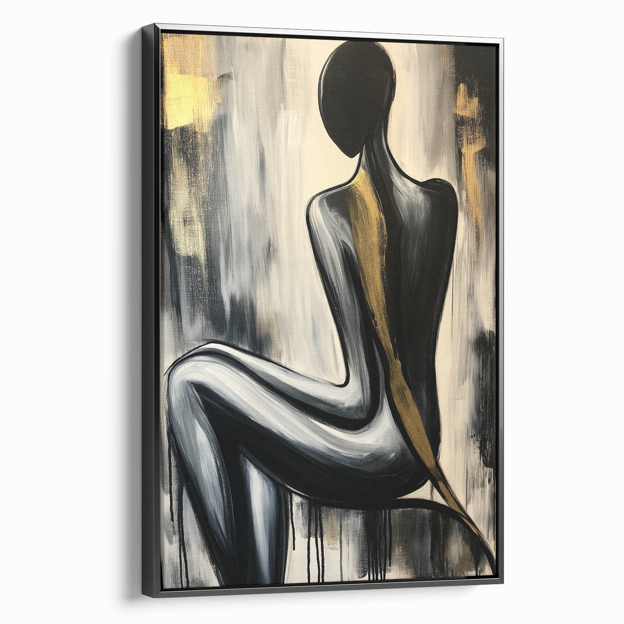 Framed abstract figurative canvas artwork displayed at a black side view, showcasing bold colors and modern design elements, perfect for contemporary decor.