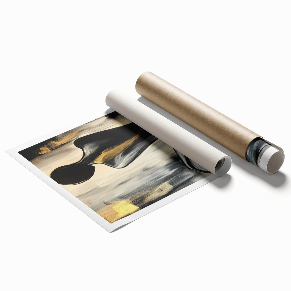 Abstract figurative rolled print showcasing vibrant colors and fluid shapes, designed for modern decor, packaged securely in a protective cardboard tube.