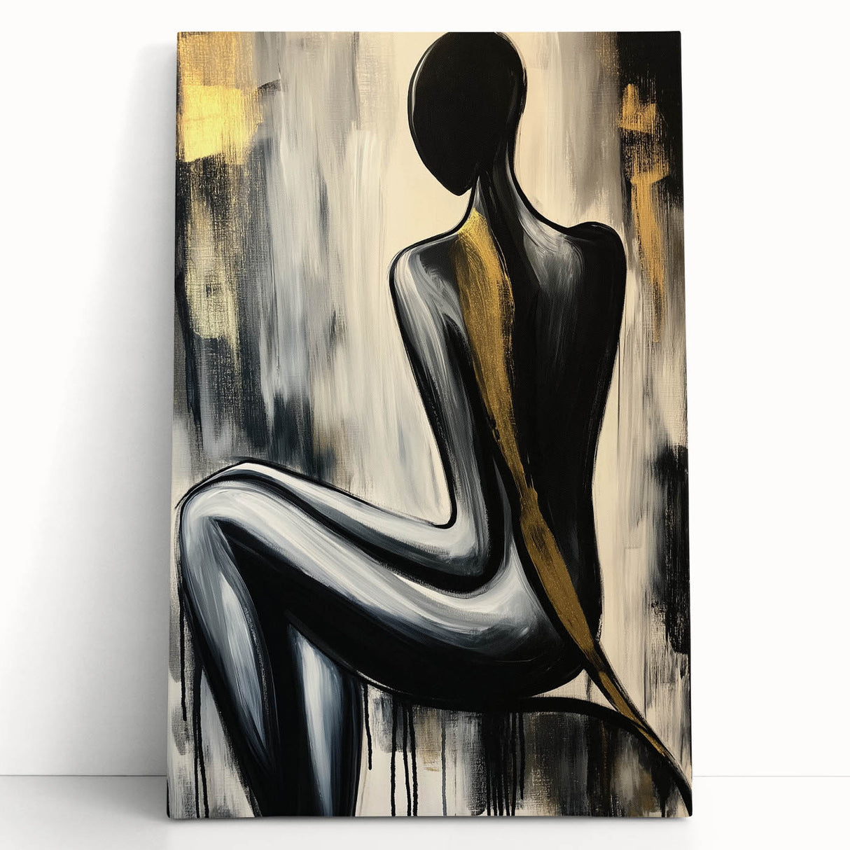 Abstract figurative stretched canvas artwork leaning against a wall, showcasing vibrant colors and dynamic shapes, adding a modern artistic touch to any space.