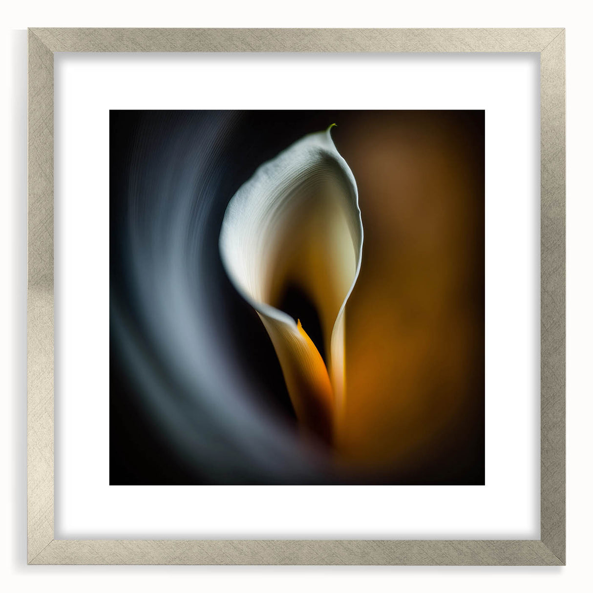 Abstract floral wall art framed with a silver mat, showcasing vibrant colors and intricate designs, perfect for enhancing modern home decor and aesthetics.