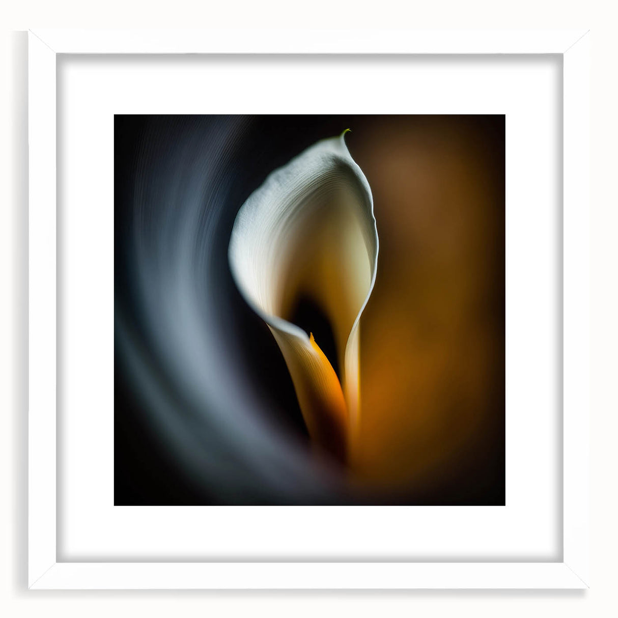 Abstract floral wall art framed with a white mat, showcasing vibrant colors and intricate patterns, perfect for enhancing modern home decor.