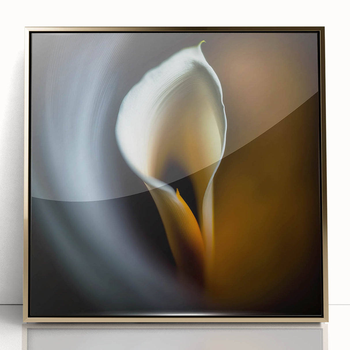 Framed abstract floral wall art featuring vibrant gold accents and intricate designs, ideal for modern home decor. Enhances any living space with elegance.