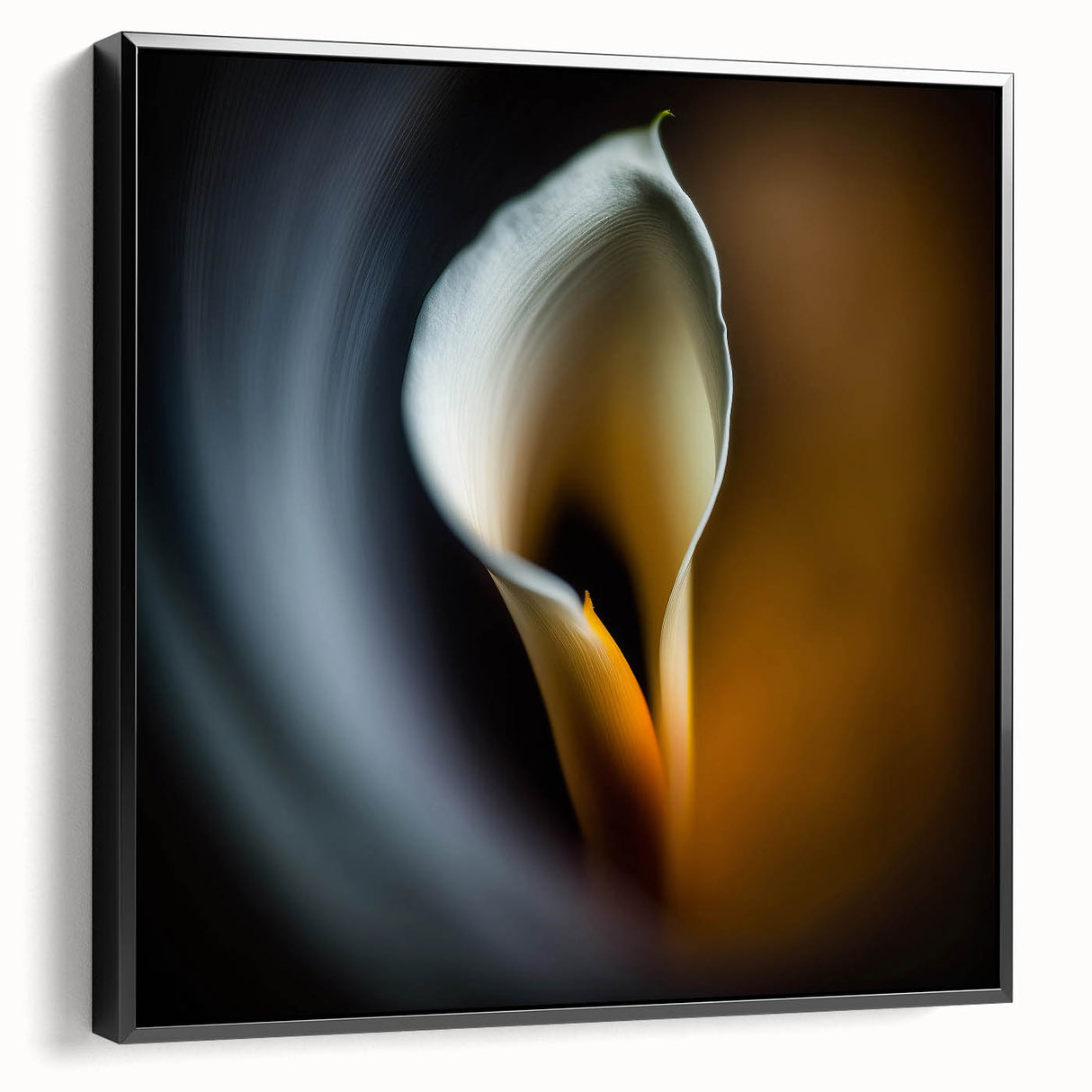 Framed canvas wall art showcasing abstract floral designs in vibrant colors, viewed from the side with a sleek black frame, perfect for modern decor.