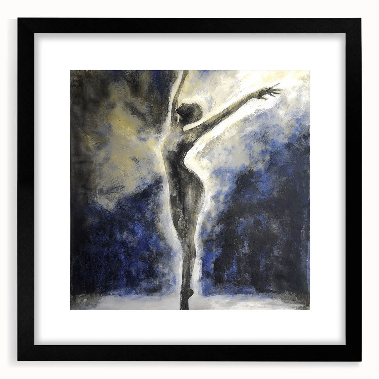 Abstract figurative artwork framed in matte black, showcasing an intricate design with flowing lines and shapes, perfect for modern home decor.