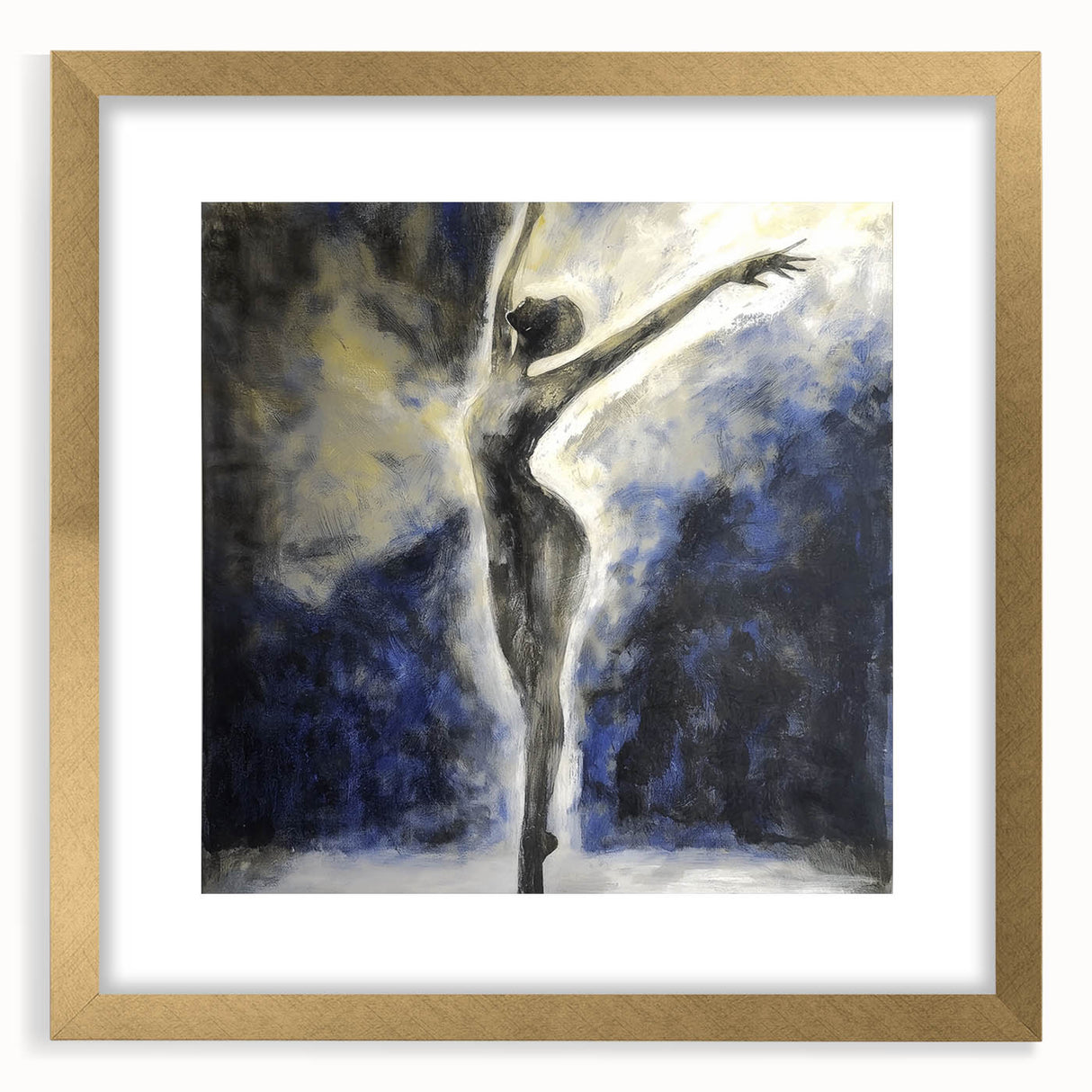 Elegant abstract figurative frame with a gold mat, showcasing a striking front view design. Ideal for enhancing modern decor, this artwork adds sophistication to any space.