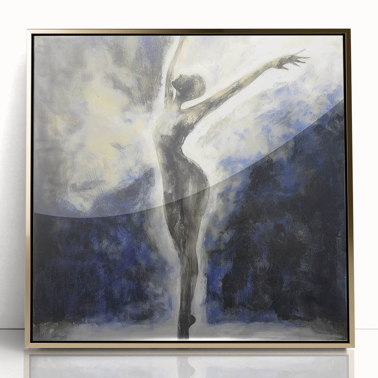 Framed abstract figurative artwork in gold acrylic, showcasing dynamic shapes and elegant lines, perfect for modern decor and enhancing interior spaces.