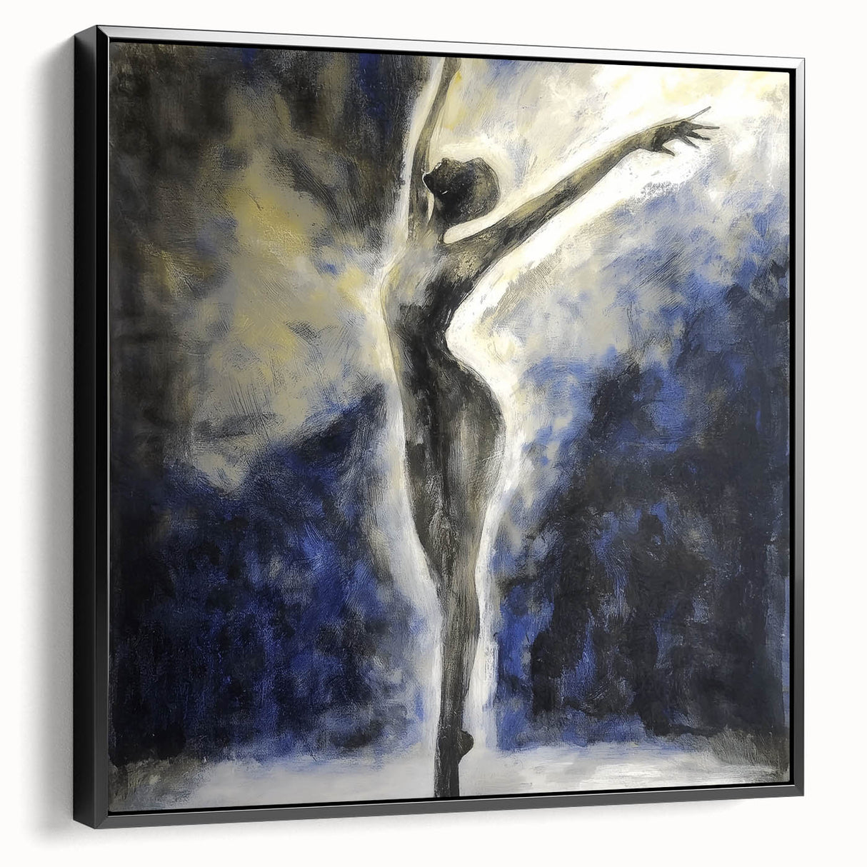 Abstract figurative framed canvas artwork showcasing a dynamic interplay of bold colors and shapes, set against a sleek black frame, ideal for modern decor.