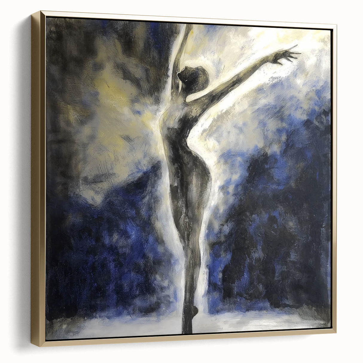 Framed abstract figurative canvas art in silver and gold tones, showcasing fluid shapes and modern design, ideal for contemporary home decor.
