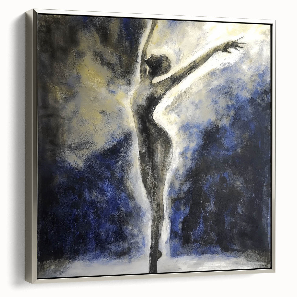Framed canvas artwork showcasing an abstract figurative design with silver accents, displayed in elegant side view to highlight its artistic depth and modern aesthetic. Ideal for contemporary home decor.