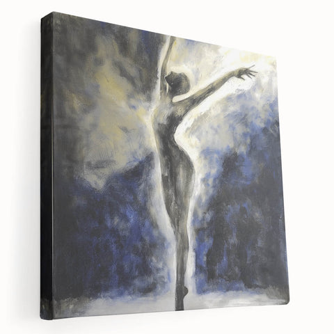Abstract figurative stretched canvas artwork showcasing vibrant colors and dynamic shapes. The side view highlights the canvas's texture and depth, perfect for modern decor.