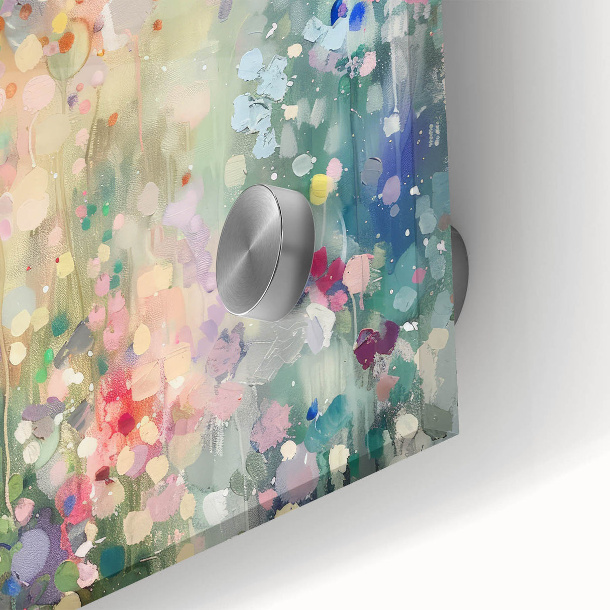 Vibrant abstract splatter design on acrylic glass, showcasing a colorful blend of blues, greens, and yellows, perfect for modern art decor and interior styling.