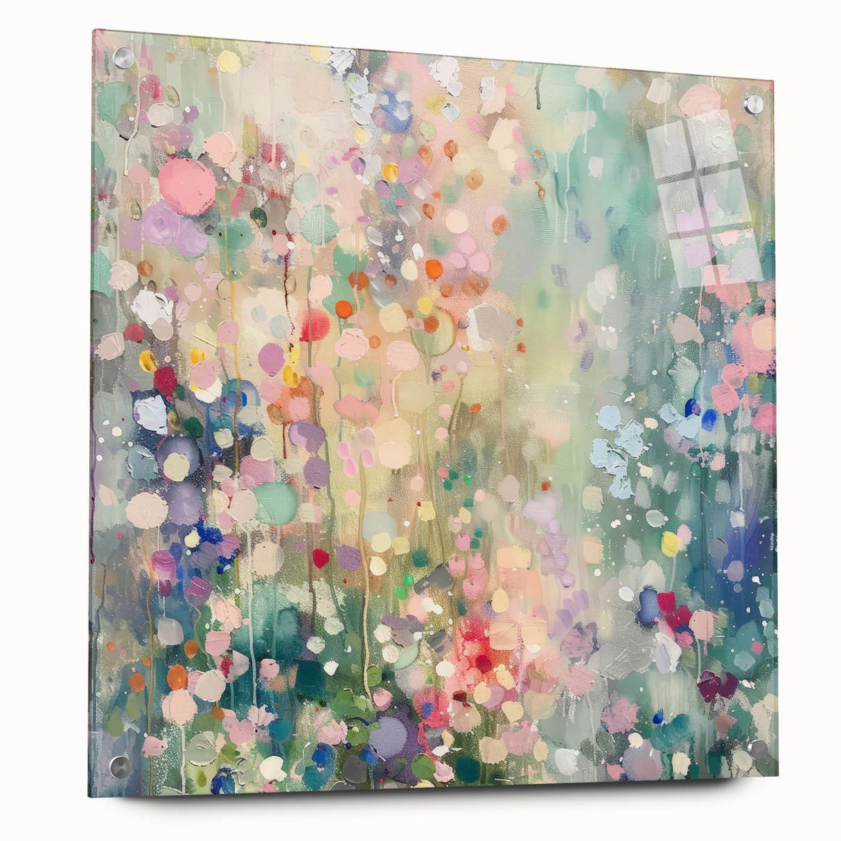 Abstract acrylic glass design showcasing vibrant splatter patterns in a side view, held with decorative pins against a neutral backdrop, ideal for modern art enthusiasts.
