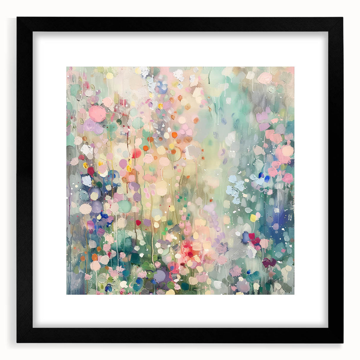 Abstract splatter art frame with a black mat, displaying vibrant, colorful paint splatters against a white background, ideal for modern home decor.