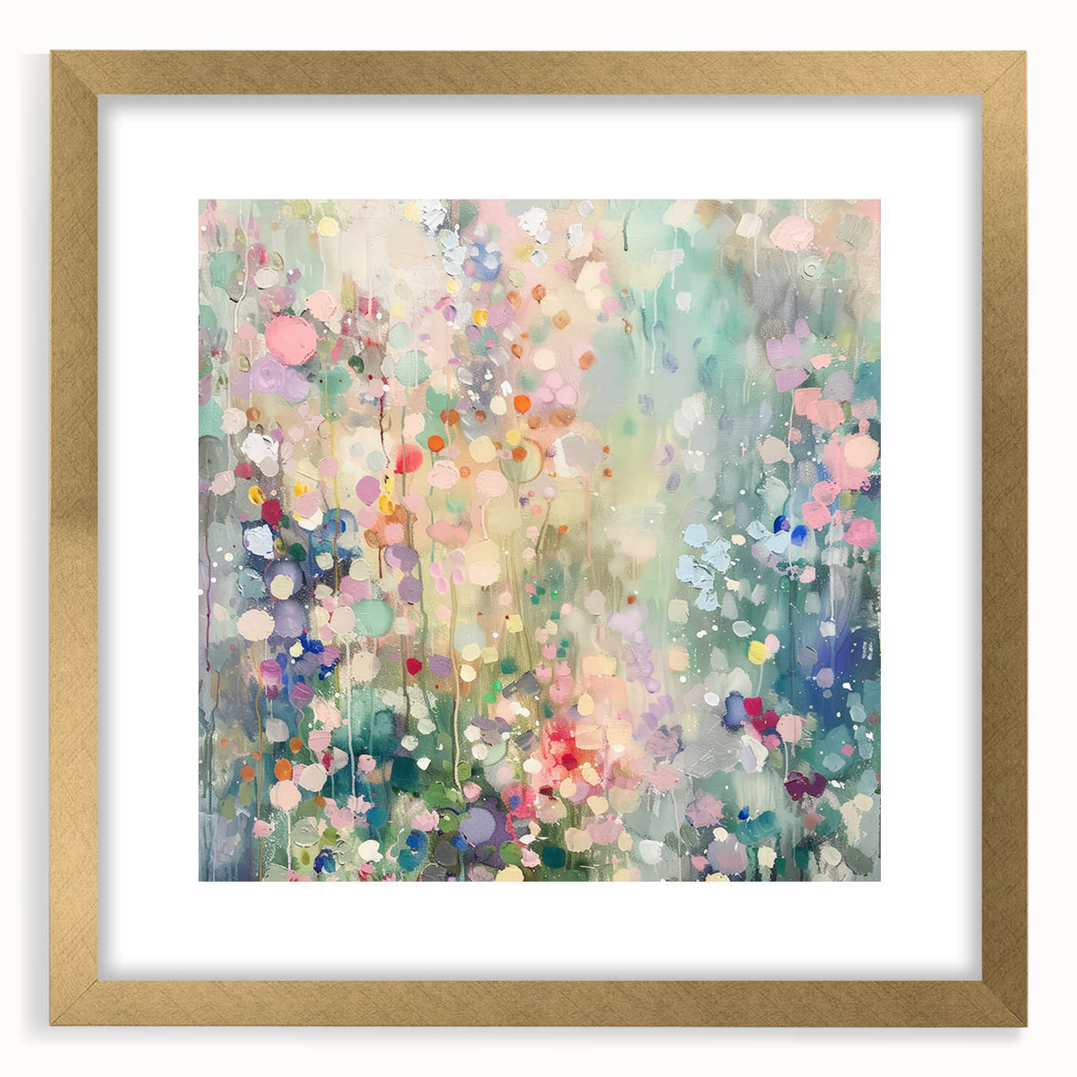 Abstract splatter artwork framed in gold, showcasing vibrant colors and dynamic shapes, perfect for modern home decor or gallery displays.