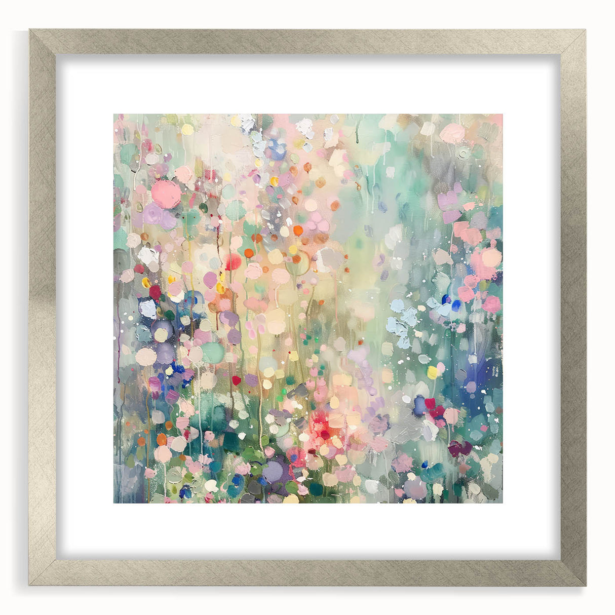 Abstract splatter art frame in silver with a mat, showcasing vibrant colors and a modern design, perfect for contemporary home decor. Ideal for enhancing artistic spaces.