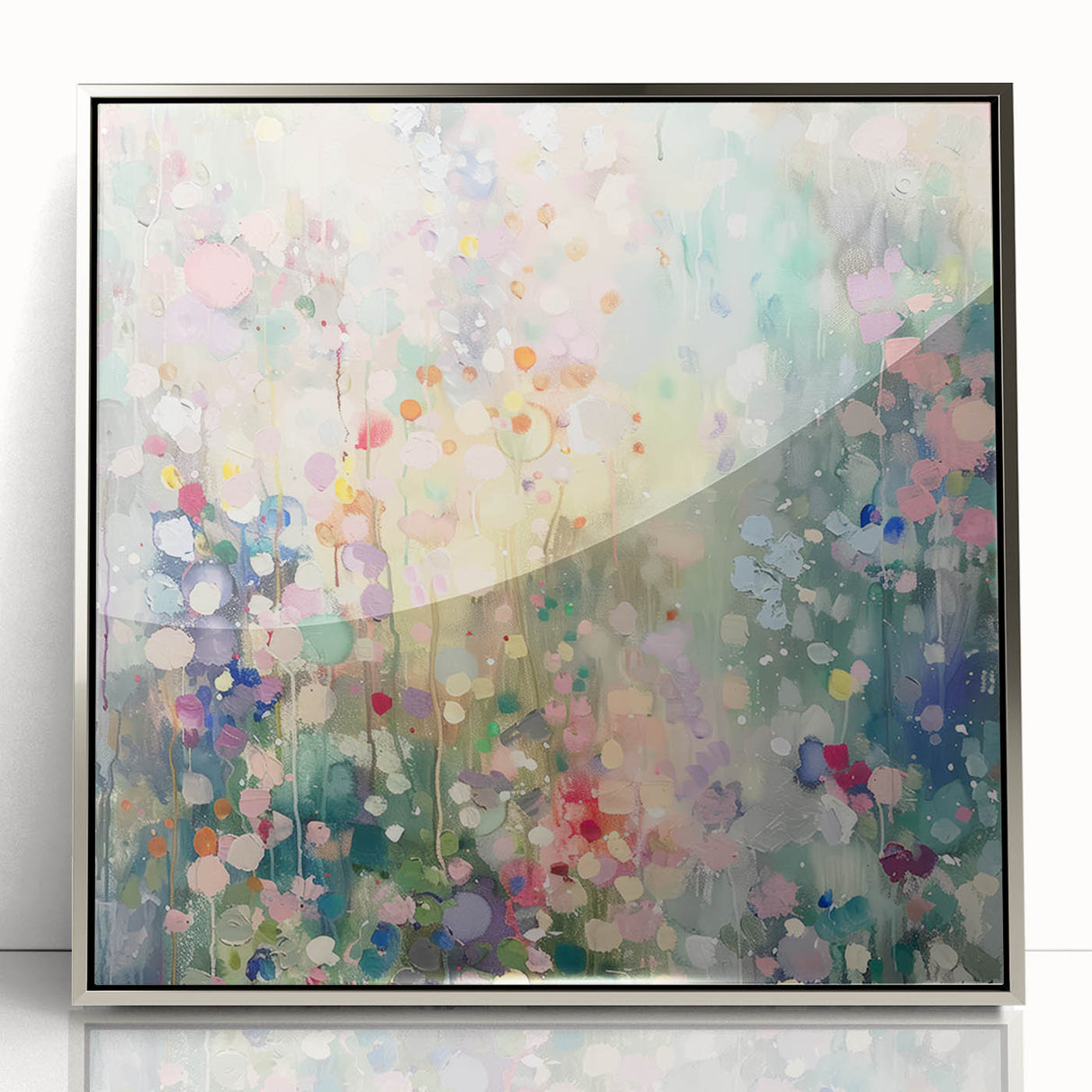 Framed acrylic artwork showcasing vibrant abstract splatters in silver tones, perfect for modern home decor. Ideal for adding a touch of contemporary elegance to any room.