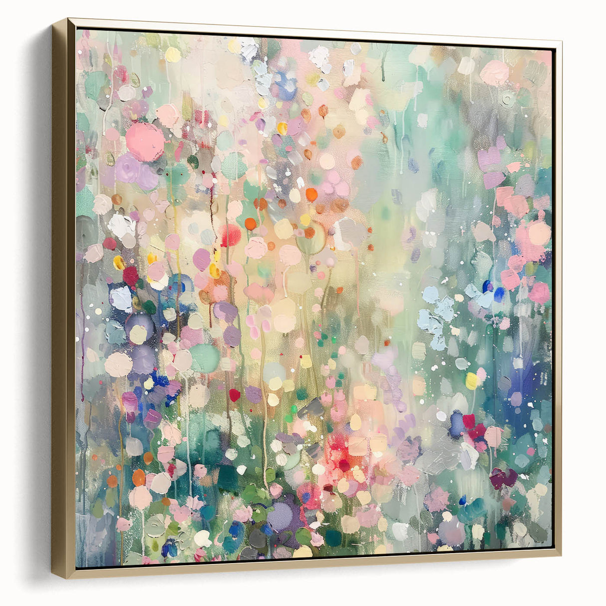 Framed canvas artwork showcasing a modern abstract design with silver and gold splatters against a white background, ideal for contemporary home decor.