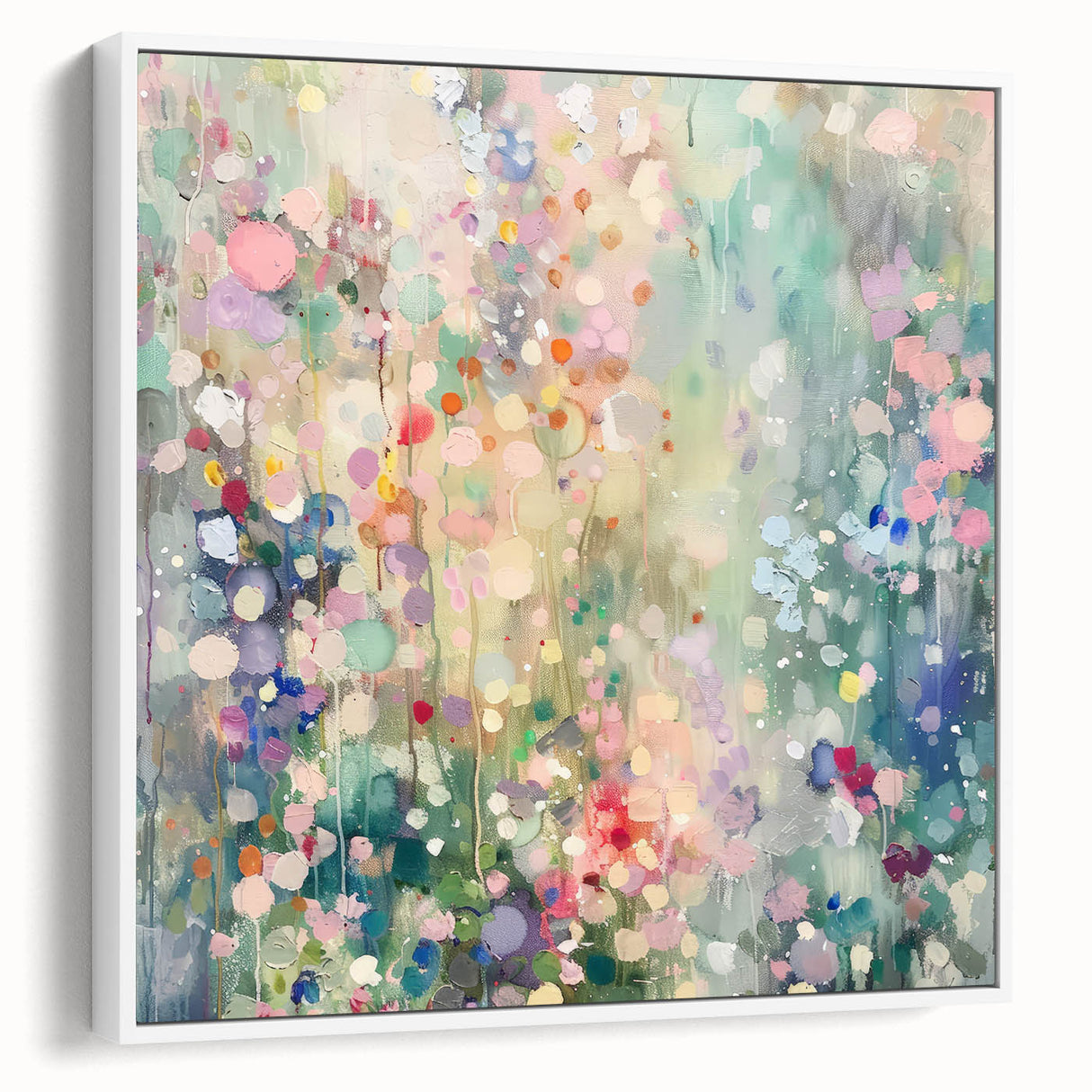 Framed canvas artwork showcasing abstract splatter designs in vibrant colors, set against a white background, ideal for modern home decor.