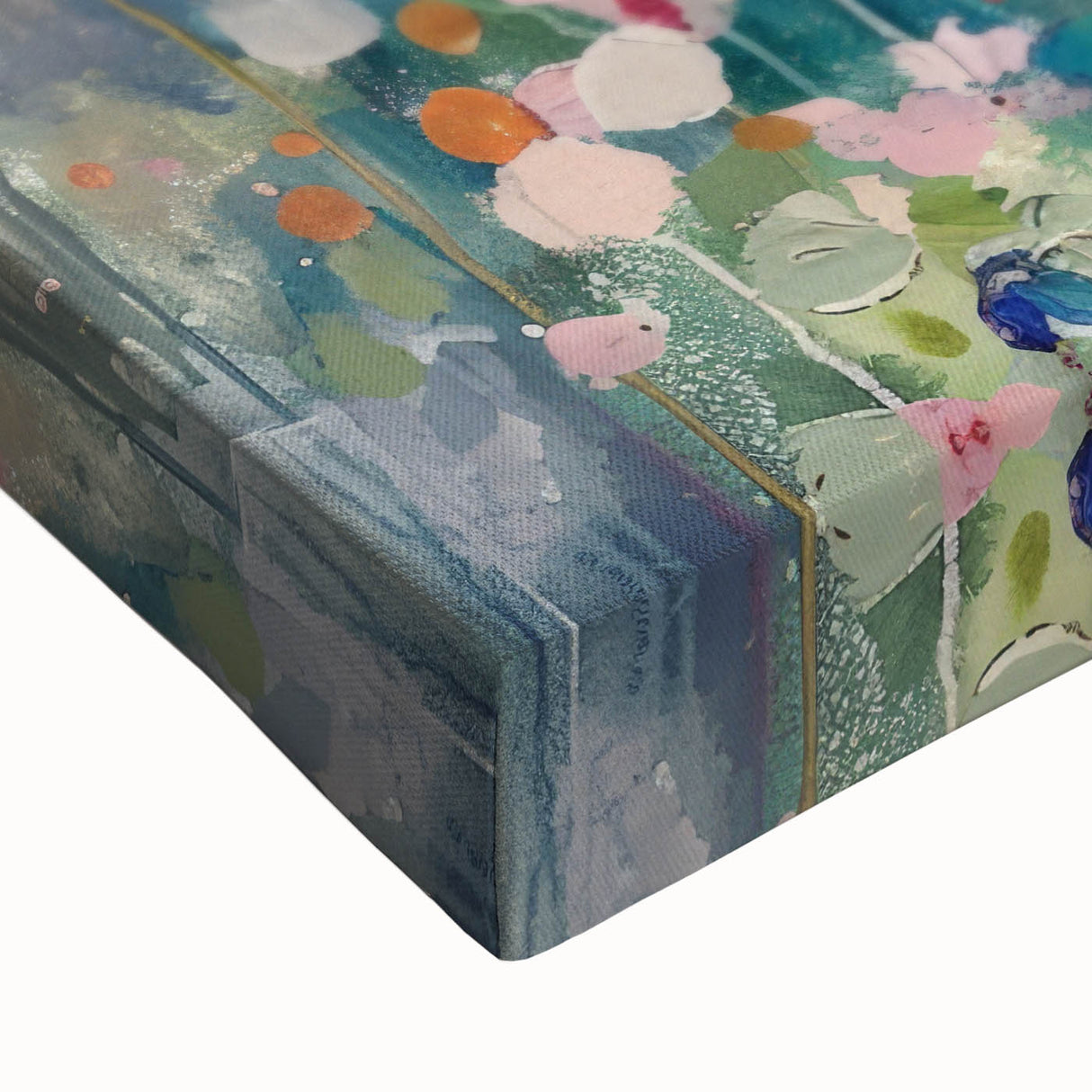 Close-up of an abstract splatter design on stretched canvas, showcasing vibrant colors and intricate texture, perfect for modern home decor or art enthusiasts.