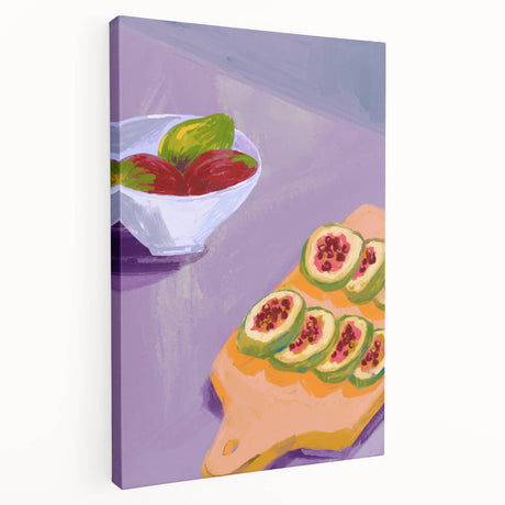Large stretched canvas featuring a variety of colorful fruits, ideal for kitchen wall art.