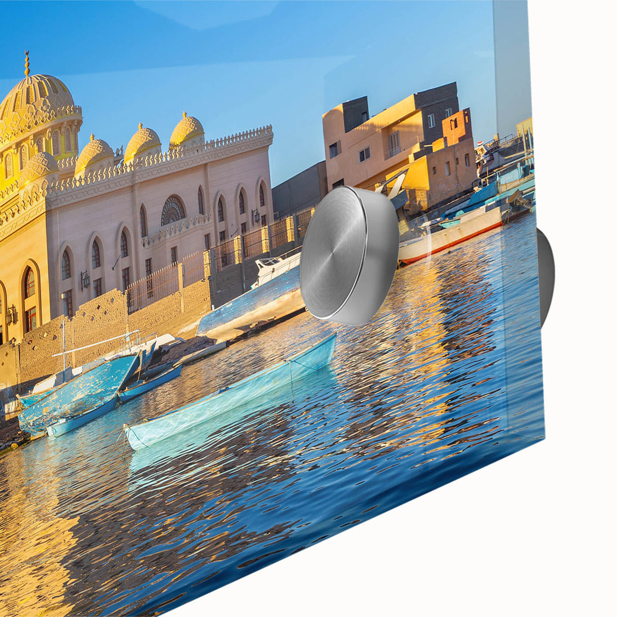 Large abstract depiction of the Egyptian landscape in muted earth tones on acrylic glass, suitable for dining room art.