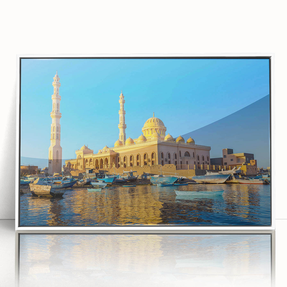 Large art print of an Egyptian landscape in muted earth tones on framed acrylic, ideal for modern art wall decor.