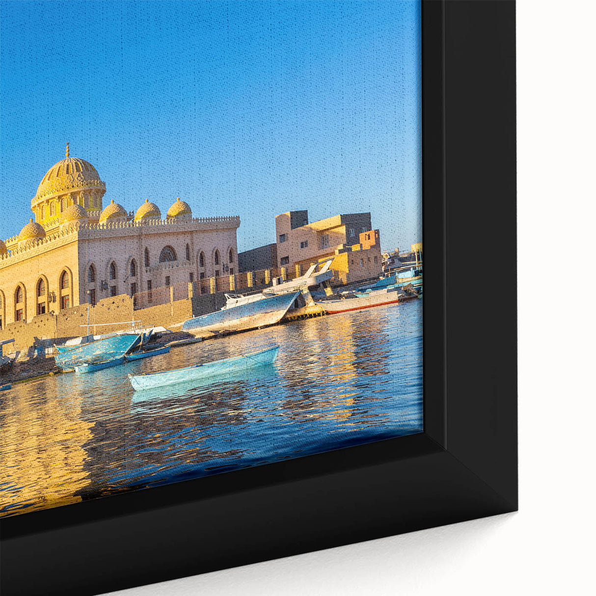 Extra large framed canvas of a textured, colorful Egyptian landscape in mostly black tones, ideal for living room decor.