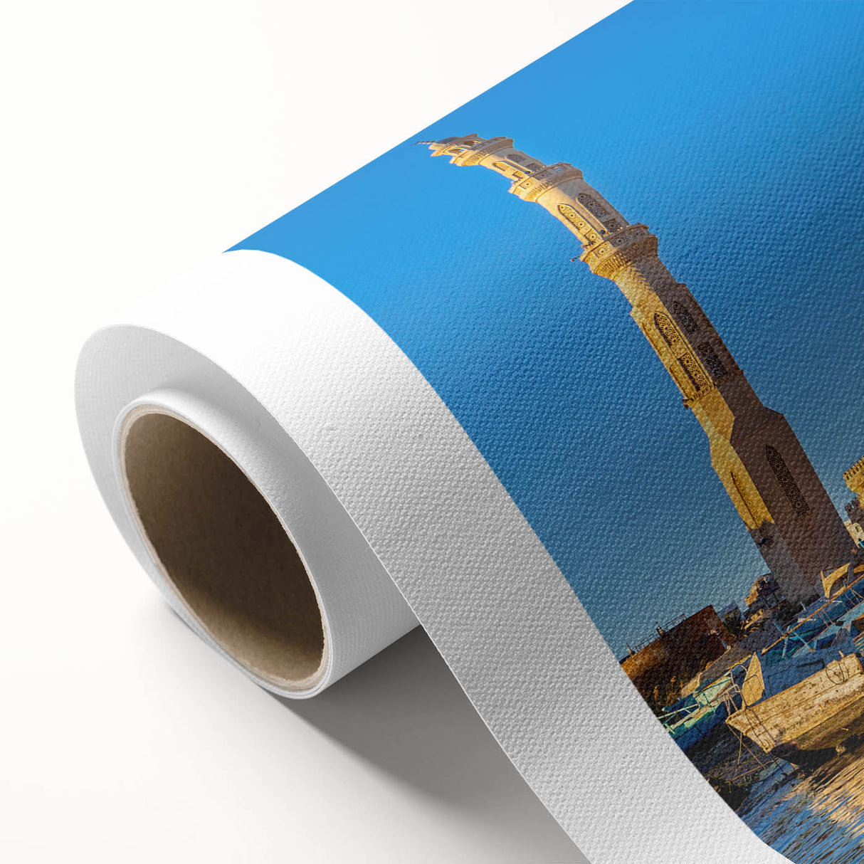 Art deco poster of Egyptian scenery in muted earth tones on rolled canvas, ideal for nursery wall art.