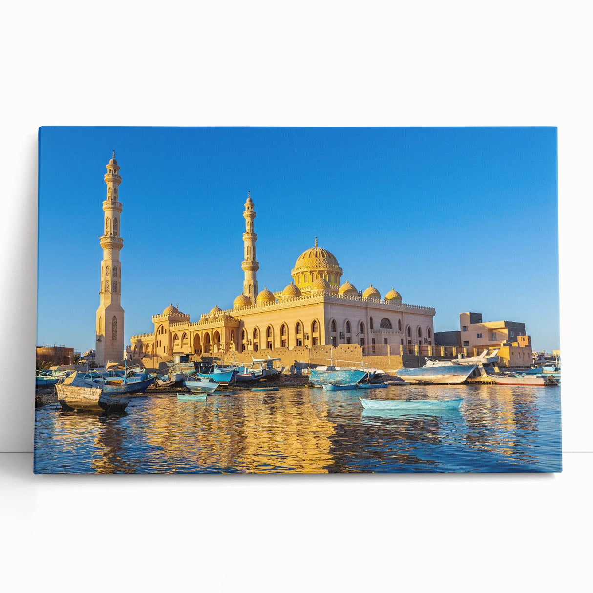 A large black and white canvas print of the Egyptian pyramids, ideal for kitchen wall art or bedroom decor.