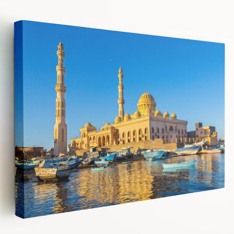 Large canvas print of an Egyptian landscape featuring pyramids under a bright sky, suited for kitchen wall art.