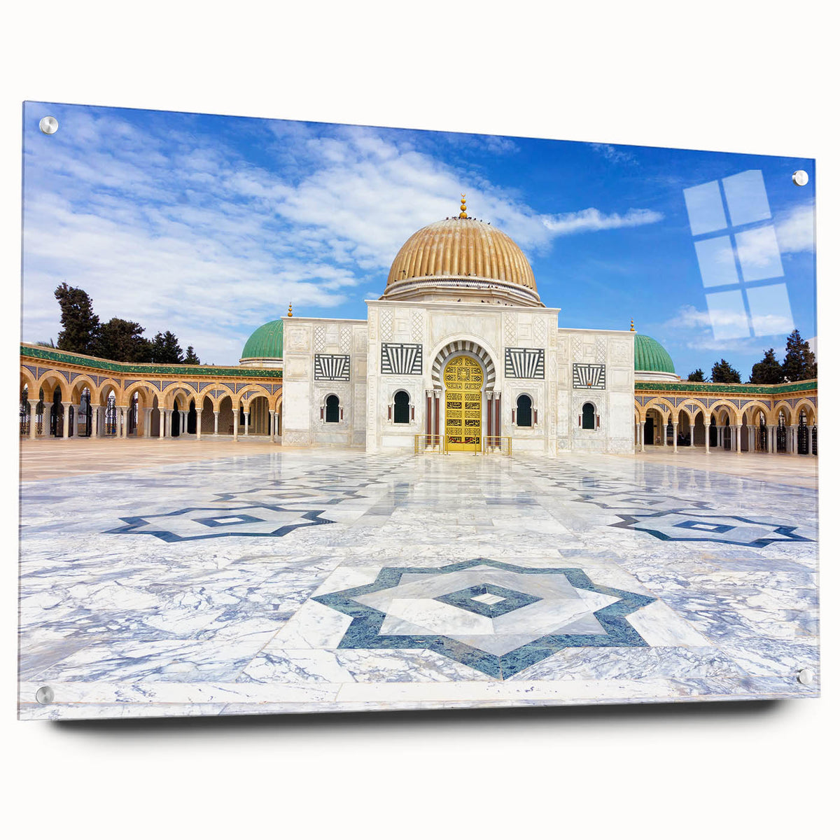 Large abstract wall art depicting a Tunisian landscape in muted earth tones on acrylic glass.