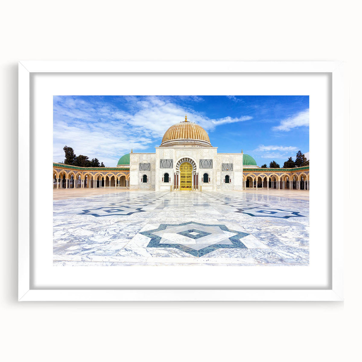 Abstract art print depicting a Tunisian landscape in muted earth tones, framed with a white mat.
