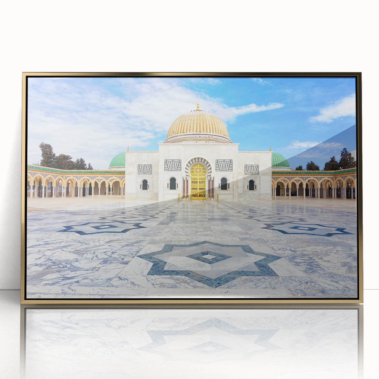 Large acrylic print of a Tunisian landscape in gold tones, framed, mid-century modernist style.