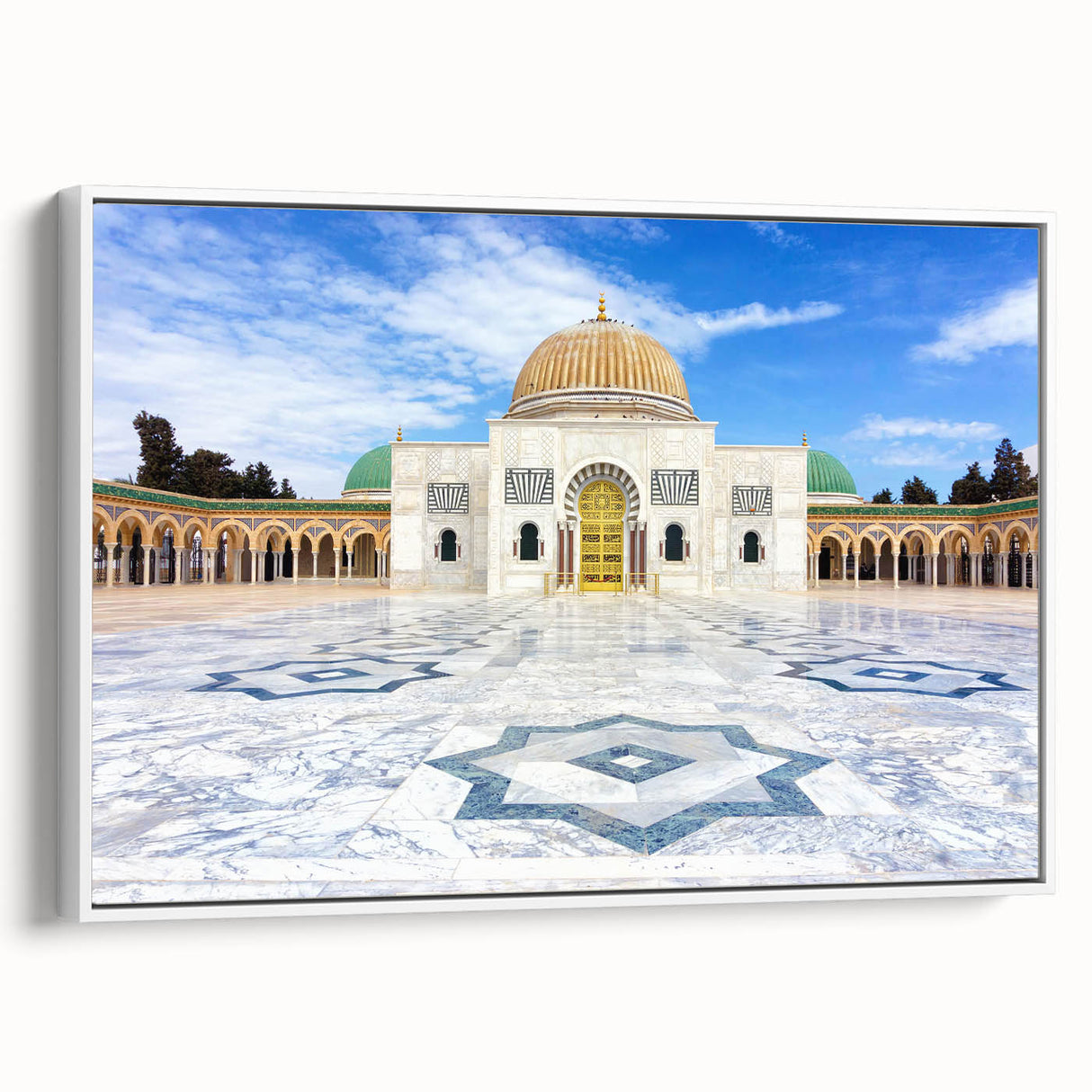 Vintage poster art of a Tunisian landscape on framed canvas, featuring vibrant colors, ideal for living room decor.