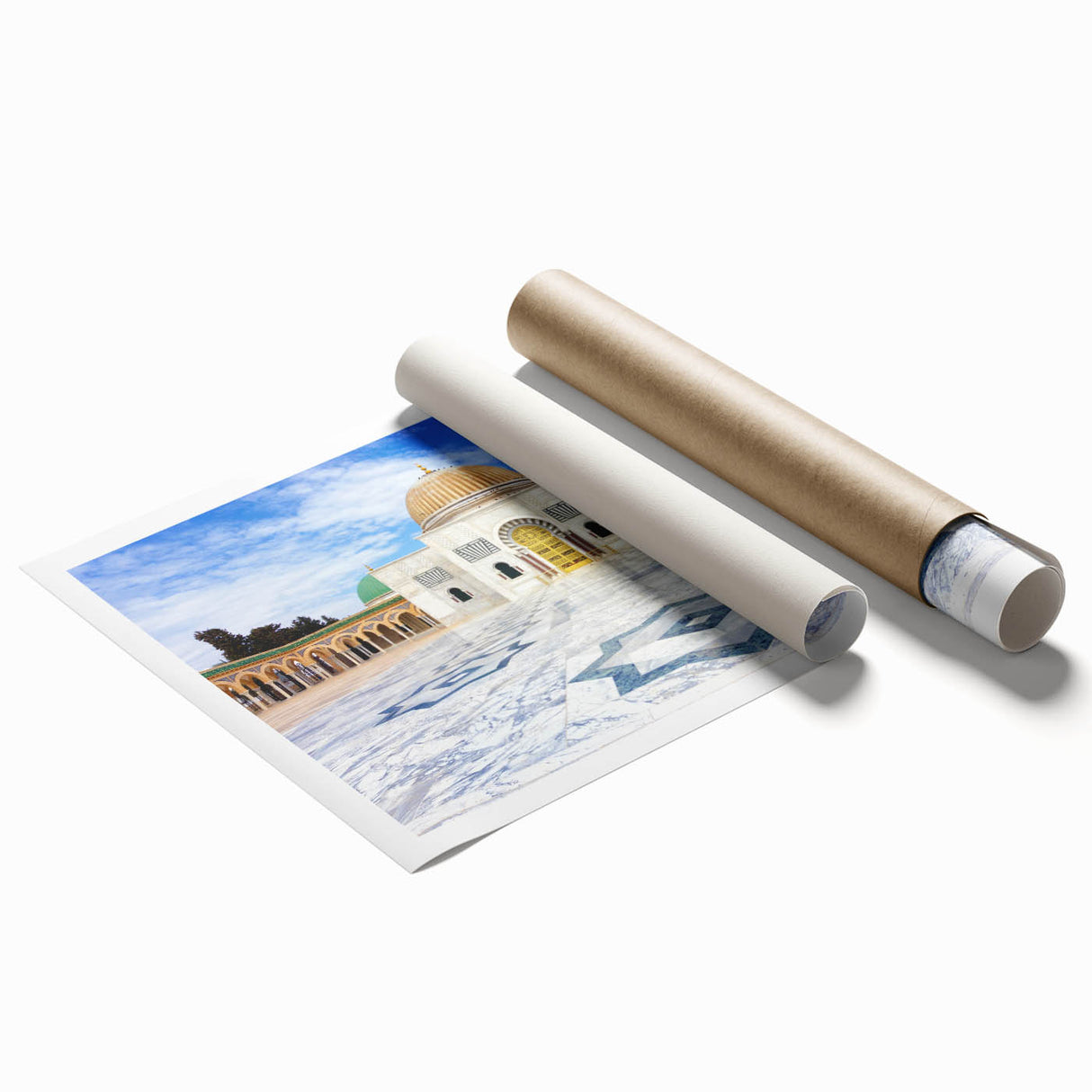 Extra large rolled print of a Tunisian landscape with vibrant floral elements, ideal for classy bathroom wall art.