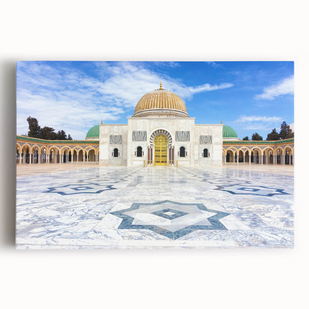 Black and white stretched canvas of a Tunisian landscape, ideal for kitchen wall art.