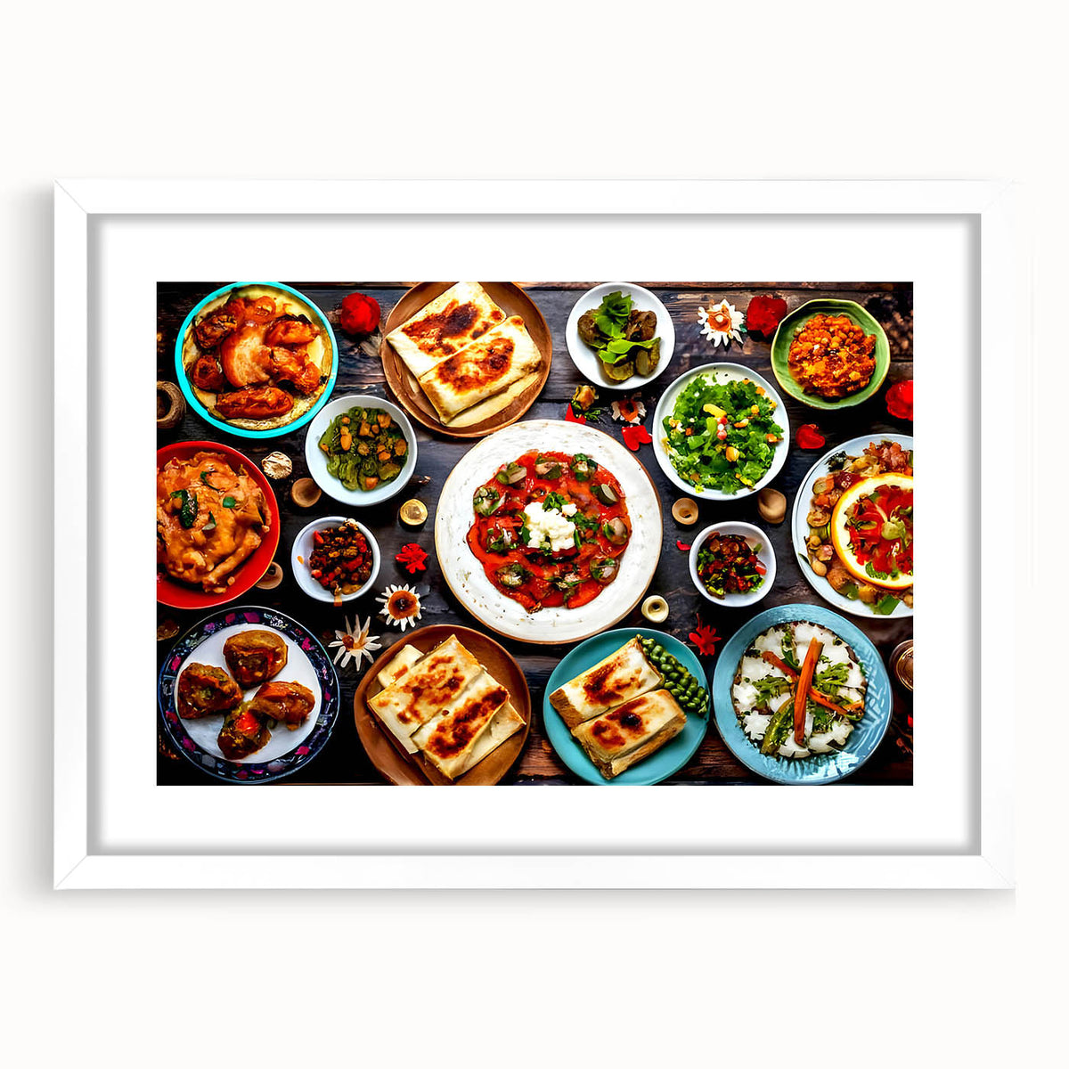 Abstract art print of a serene Azerbaijani landscape in muted earth tones on a framed white mat, ideal for dining room decor.